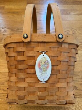 Handwoven Wooden Basket with Cute Precious Moments Ceramic Tag